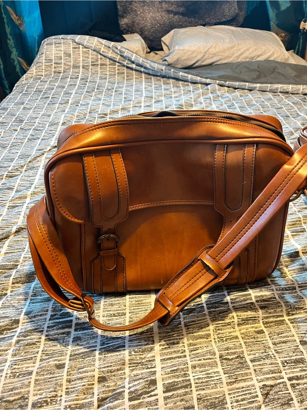 Leather Briefcase Messenger Bag - Brown